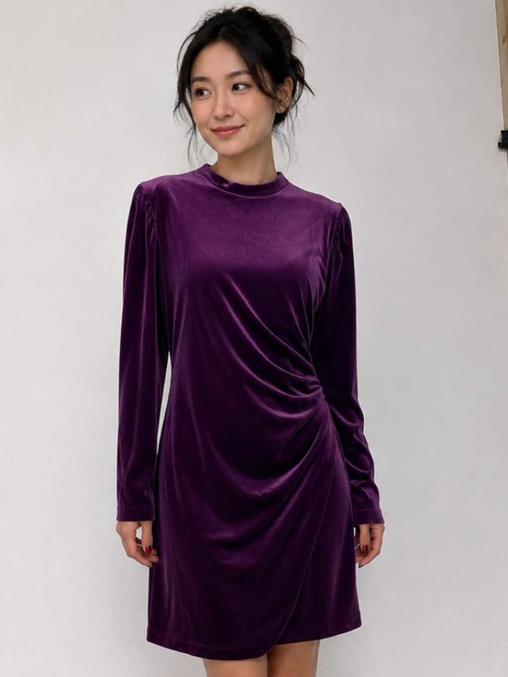 Clover and Sloane Purple Velvet Ruched Long Sleeve Dress Size 10